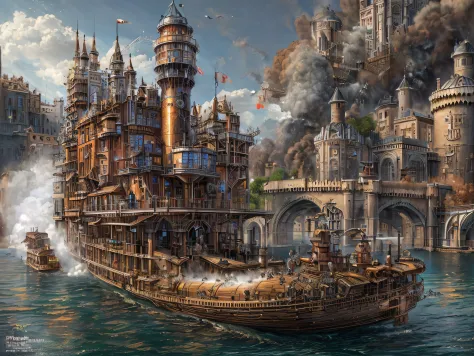 a long shot (picture: 1.3) of a steampunk castle moving on (motorized steam boat: 1.3) on the river, steampunk castle with (turr...