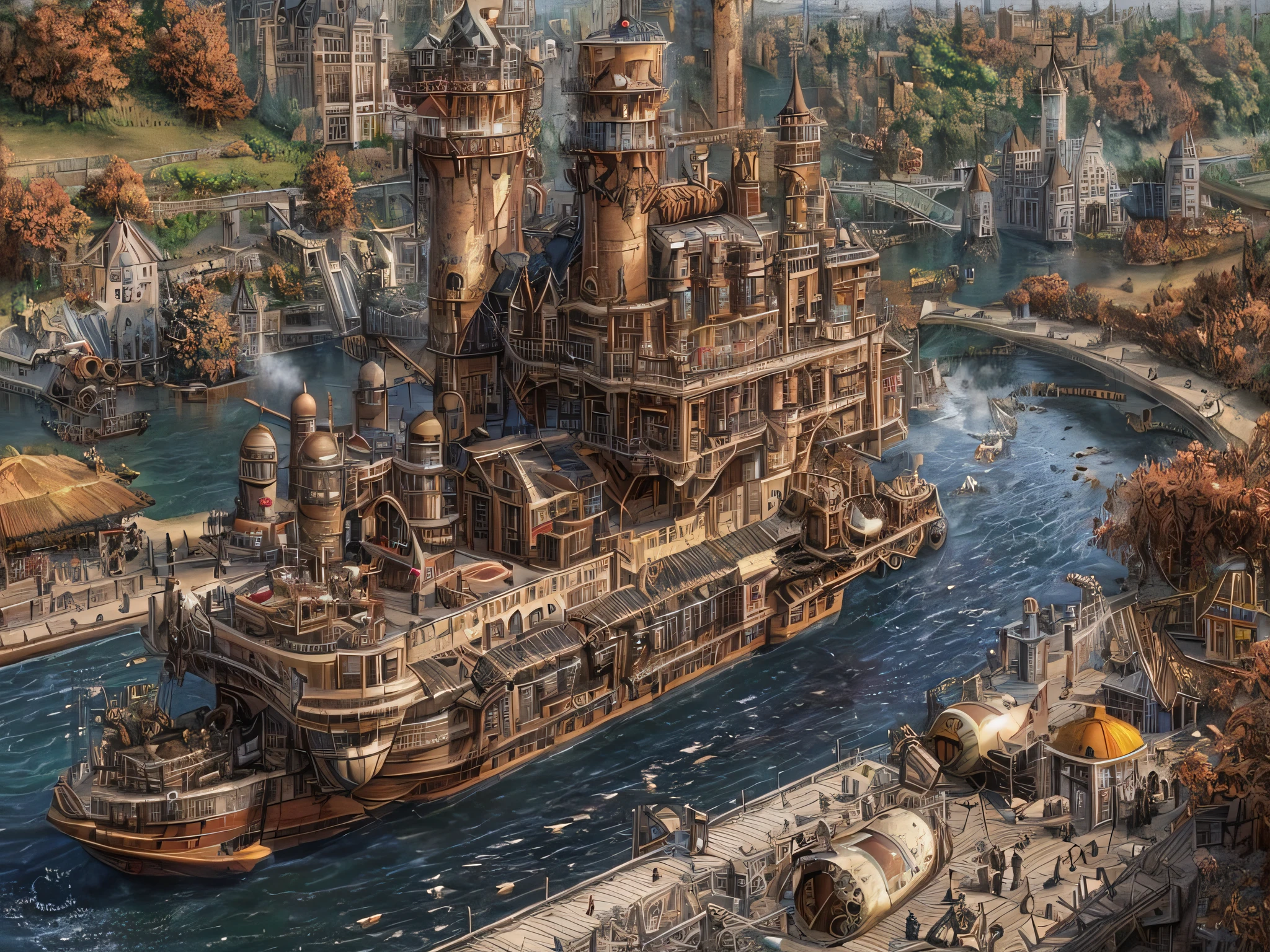 una posibilidad remota (imagen: 1.3) de un castillo steampunk que sigue adelante (barco de vapor motorizado: 1.3) en el río, castillo steampunk con (torretas: 1.1), (torres:1.1), (bridges between torres:1.2), (Gran barbacana:1.1), Cañones en las paredes, Amplio fondo más rico, barco de vapor motorizado,  plataforma, (castle on the plataforma:1.3) Enorme barco de vapor épico que transporta el castillo, Fotorrealista, 16k, CRUDO, premiado, (mejor detallado: 1.5), obra maestra, mejor calidad, (ultra detallado), cuerpo completo, tiro ultra ancho,