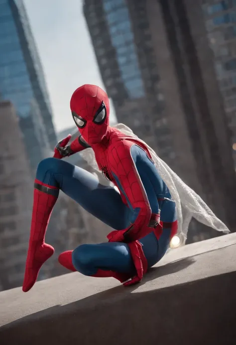 Spider - man in a suit sitting on a ledge in the city - SeaArt AI