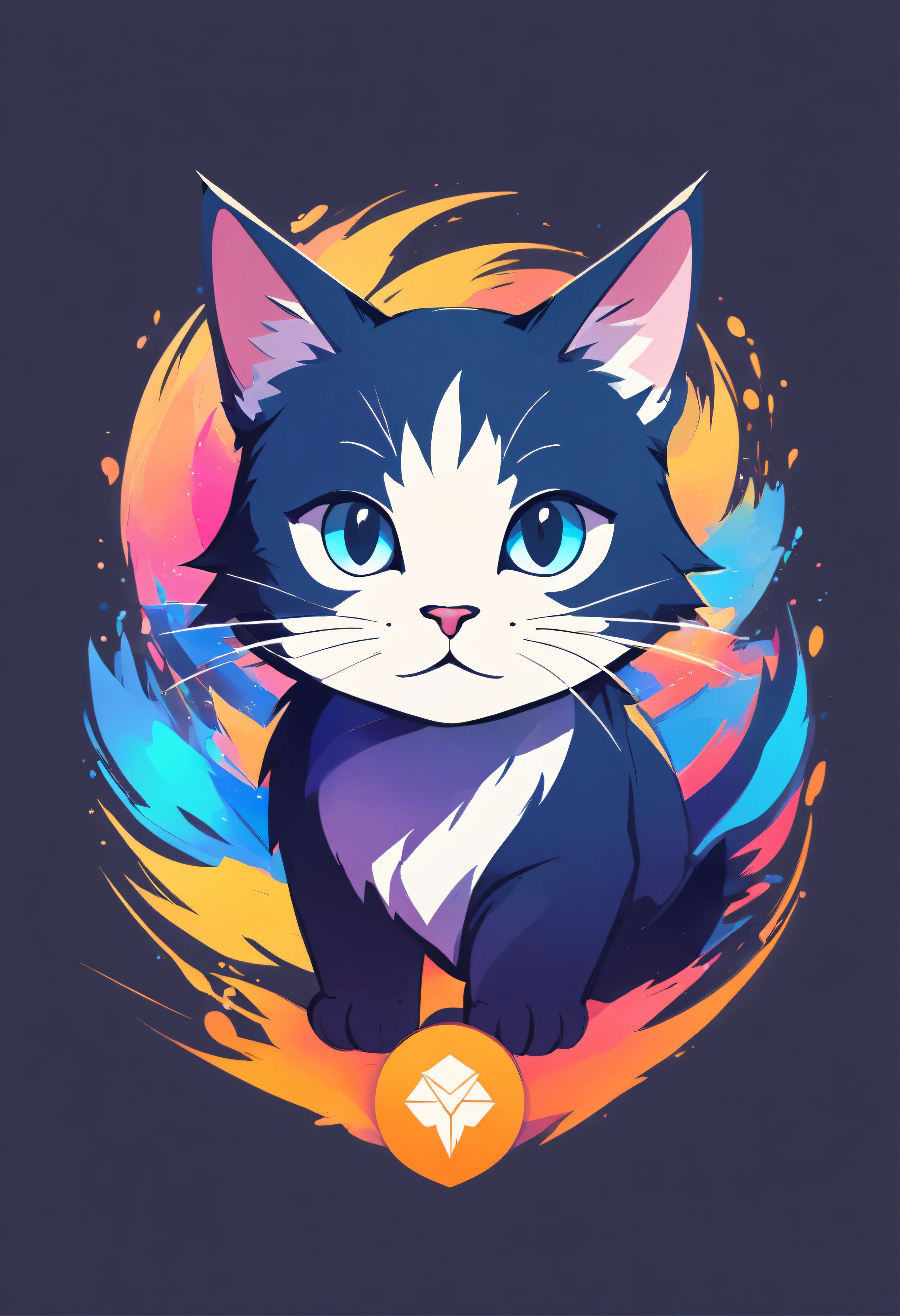 Logotipo colorido, Ilustración minimalista del logotipo vectorial de la cabeza de gatito, frente, mágico, diseño nítido, suave, color monocromático, Dark mágico colorful splash paint, diseño de camiseta, estilo estudio ghibli, El diseño debe ser arte vectorial . Usando Adobe Illustrator, Crear una limpieza, Logotipo simple pero cautivador. Mantén el diseño enfocado en el ojo del gato, Capture su singularidad y encanto.. El logotipo debe evocar una sensación de sofisticación y tranquilidad. El énfasis en el estilo low-poly agrega un toque de lujo. La estética general debe ser elegante y con estilo., relevante para los objetivos de su marca y logotipo, fondos negros, ((simétrico))　Es un gato pequeño