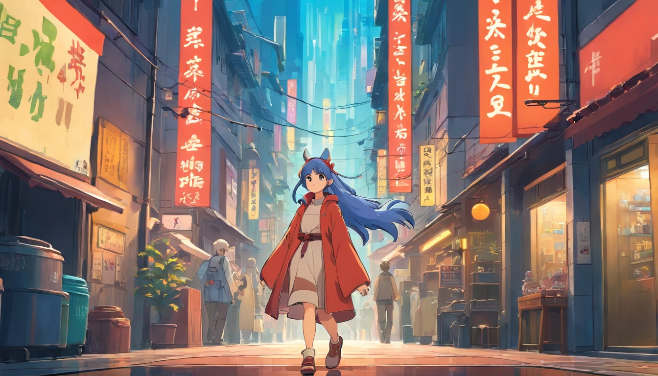 Anime girl walking down a street in a city with buildings and signs -  SeaArt AI