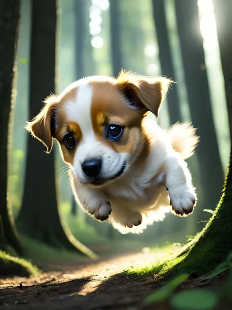 Close-up of a very cute jumping puppy in the forest, soft volumetric light, (backlight: 1.3), (movie: 1.2), intricate details, (ArtStation: 1.3), Rutkowski