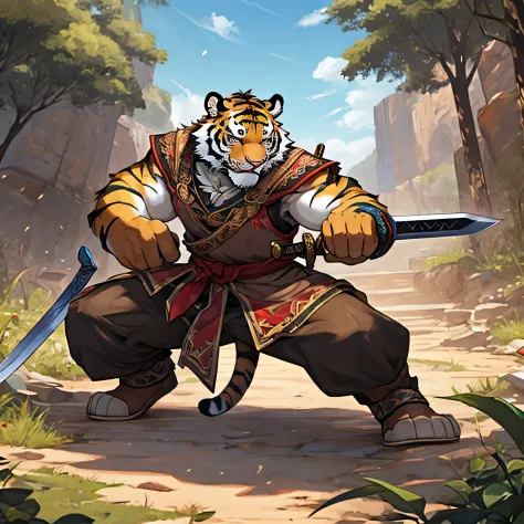a tiger in a warrior's clothing in a fighting position with a sword
