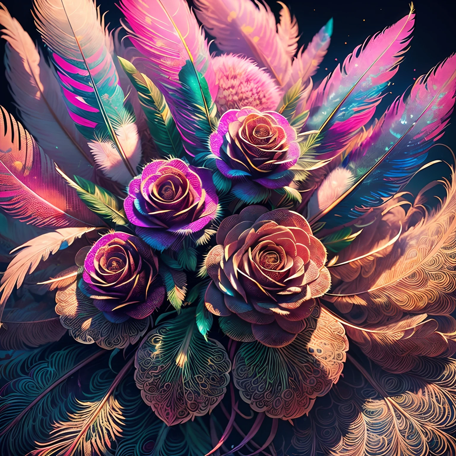 Riff Style 2 (masutepiece, top-quality, Best Quality, Official art, Plants and bird feathers, Beautiful and aesthetic:1.2), (roses,Pampas grass:1.3), Extremely detailed,(Fractal Art:1.1),(Colorful:1.1)(Flowers:1.3),highest details,(Zentangle:1.2), (Dynamic Pose), (Abstract background:1.3), (Shiny skin), (Many colors:1.4), ,(earrings), (Feathers:1.5)