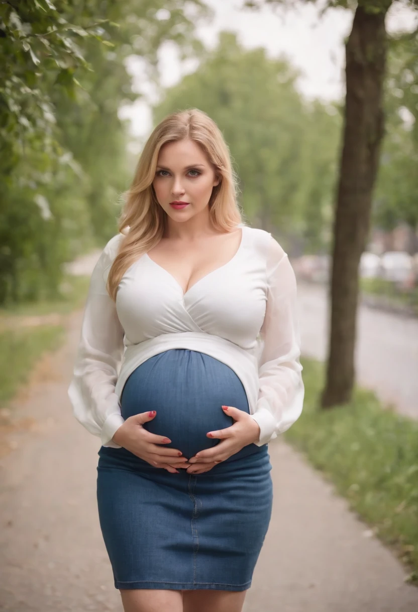 Pregnant woman in a white blouse and blue skirt posing for a picture -  SeaArt AI