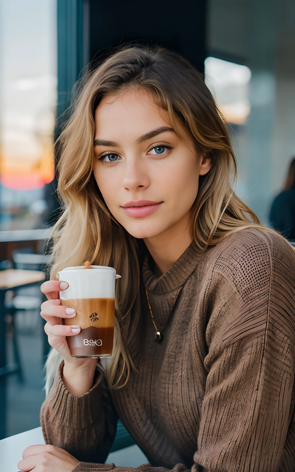 beautiful blonde wearing brown sweater (sipping coffee inside a modern café at sunset), very detailed, 21 years old, innocent face, natural wavy hair, blue eyes, high resolution, masterpiece, best quality, intricate details, highly detailed, sharp focus, detailed skin, realistic skin texture, texture, detailed eyes, professional, 4k, charming smile, shot on Canon, 85mm, shallow depth of field,  kodak vision color, perfect fit body, extremely detailed, foto_\(ultra\), photorealistic, realistic, post-processing, maximum detail, roughness, real life, ultra realistic, photorealism, photography, 8k uhd, photography