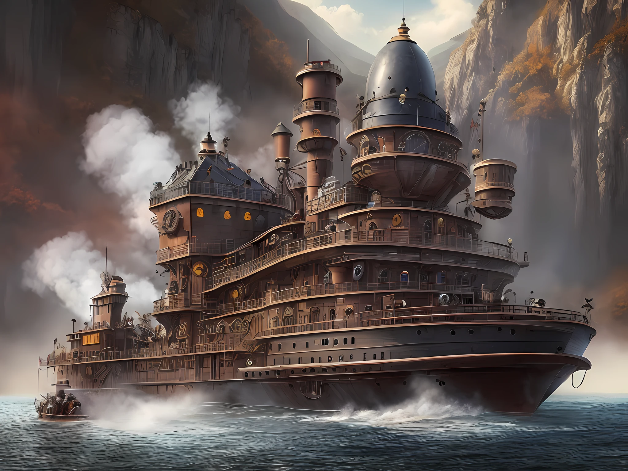 un long plan (image: 1.3) of a château steampunk moving on (bateau à vapeur motorisé: 1.3) sur la rivière, château steampunk, état de l&#39;art, (pensée militaire, prêt au combat: 1.3) avec (tourelles: 1.1), (tours:1.1), (bridges between tours:1.2), (Grande Barbacane:1.1), (canons sur les murs: 1.3), Fond de ricer large, bateau à vapeur motorisé,  plate-forme, (castle on the plate-forme:1.3) Énorme bateau à vapeur épique transportant le château, Photoréaliste, 16k, BRUT, primé, (le mieux détaillé: 1.5), chef-d&#39;œuvre, Meilleure qualité, (ultra détaillé), tout le corps, plan ultra large,