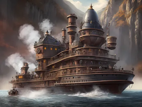 a long shot (picture: 1.3) of a steampunk castle moving on (motorized steam boat: 1.3) on the river, steampunk castle, state of ...
