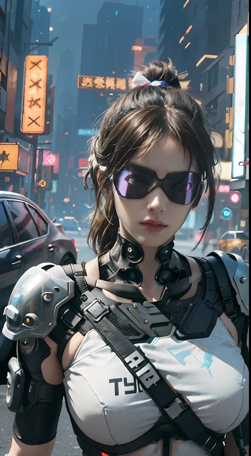 Cyber girl with gun and sunglasses in a city street - SeaArt AI