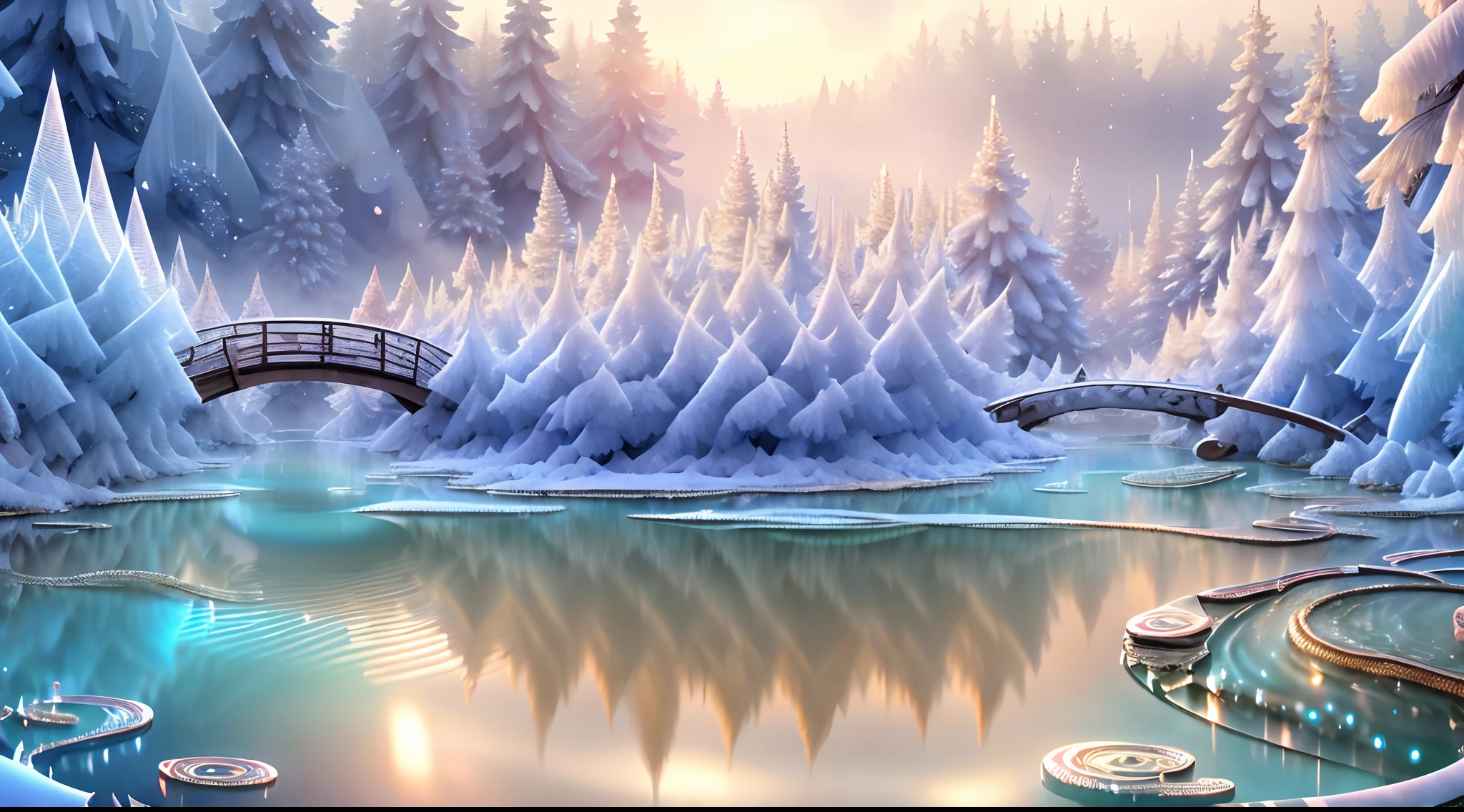 2 beautiful schoolgirls, in a hot spring, (Full body like：1.4), detailed and accurate depth of fields，8K, A high resolution, masterpiece, beautiful wallpapers, high quality, high detail, the perfect face, white snake, crystallineAI, fractal art, forest, winter, school ribbon, naked