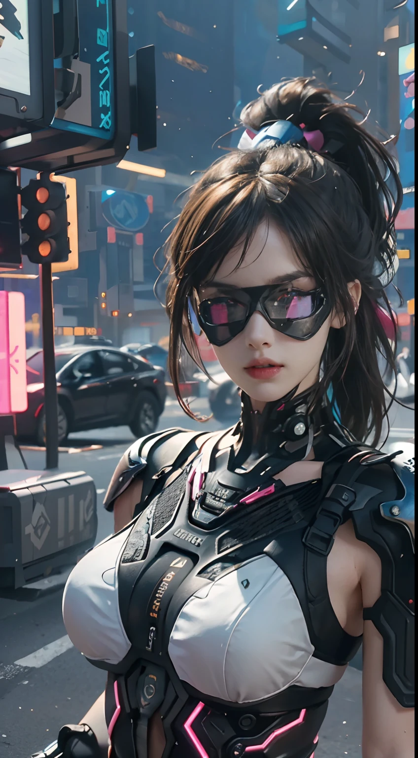 Best quality)), ((Masterpiece)), (Very detailed:1.3), 。.3D, Beautiful (Cyberpunk:1.3)), 1 girl, full bodyesbian, Ponytail white hairstyle, big breast, Slender body, slender hip, Big breasts, Look sideways at the pose, bottom angles, Dressed in full ((Heavy cyberpunk armor)) With neon decoration, (head mounted display), fiber optic cables, company logo, Science fiction, Night cyberpunk city background, gantz, In the Style of Cyberpunk 2077, Ultra Realistic Photo, Masterpiece, Best quality, CG, the wallpaper, hdr, High quality, k hd, Extremely detailed, {Beautiful detailed face}, {Beautiful detailed eyes}, (Detailed light){{intricately details}}, {A high resolution}, ((Detailed face)), Neon light, Chiaroscuro, key visual, intricately details, Highly detailed, Breathtaking, vibrant, Cinematic, Low ISO, White balance, Rule of thirds, Wide aperture, 8K raw data, Efficient subpixels, Subpixel convolution, Luminous Particle,