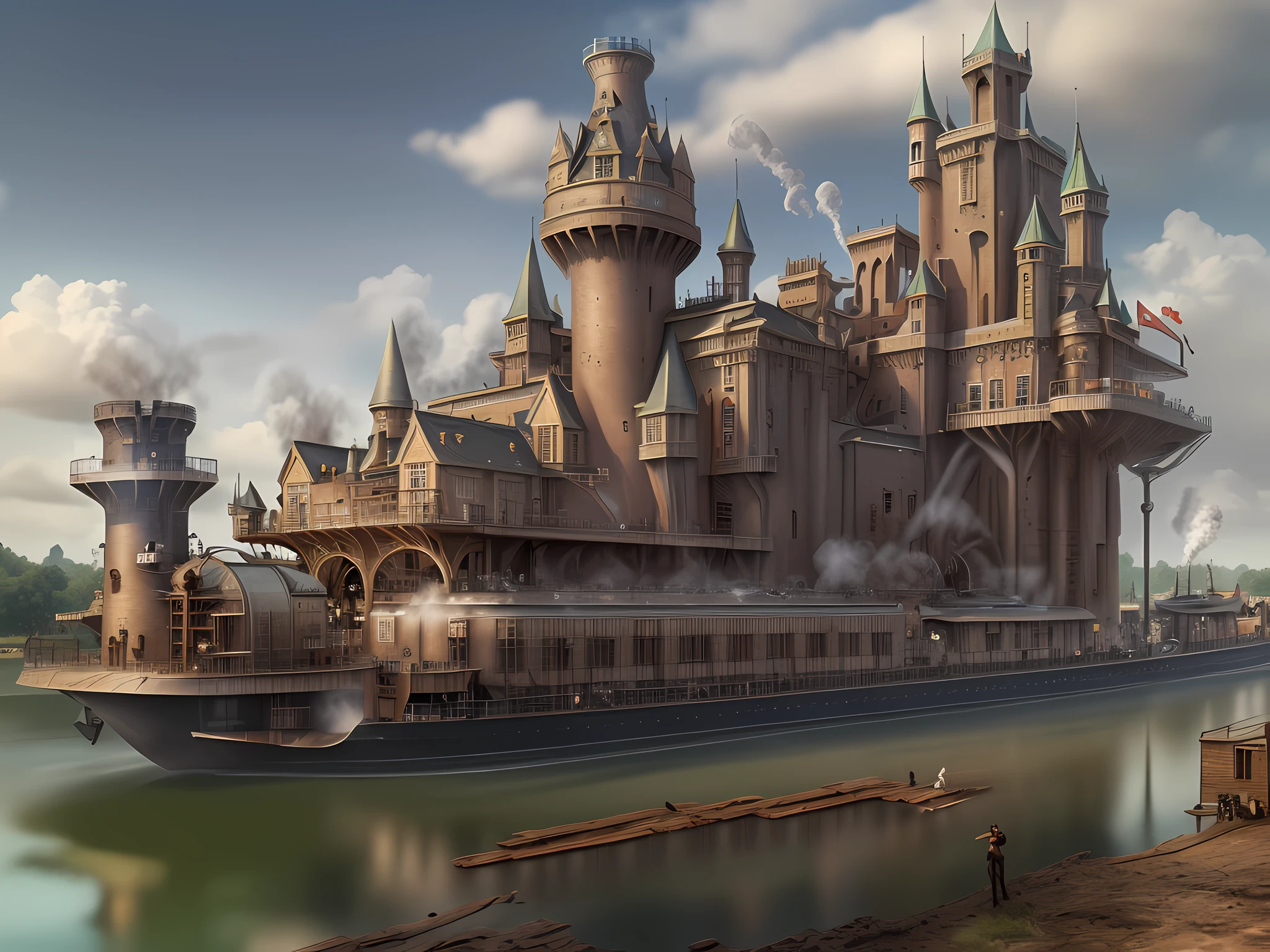 un long plan (image: 1.3) of a château steampunk moving on (bateau à vapeur motorisé: 1.3) sur la rivière, château steampunk, état de l&#39;art, (pensée militaire, prêt au combat: 1.3) avec (tourelles: 1.1), (tours:1.1), (bridges between tours:1.2), (Grande Barbacane:1.1), (canons sur les murs: 1.3), Fond de ricer large, bateau à vapeur motorisé,  plate-forme, (castle on the plate-forme:1.3) Énorme bateau à vapeur épique transportant le château, Photoréaliste, 16k, BRUT, primé, (le mieux détaillé: 1.5), chef-d&#39;œuvre, Meilleure qualité, (ultra détaillé), tout le corps, plan ultra large,