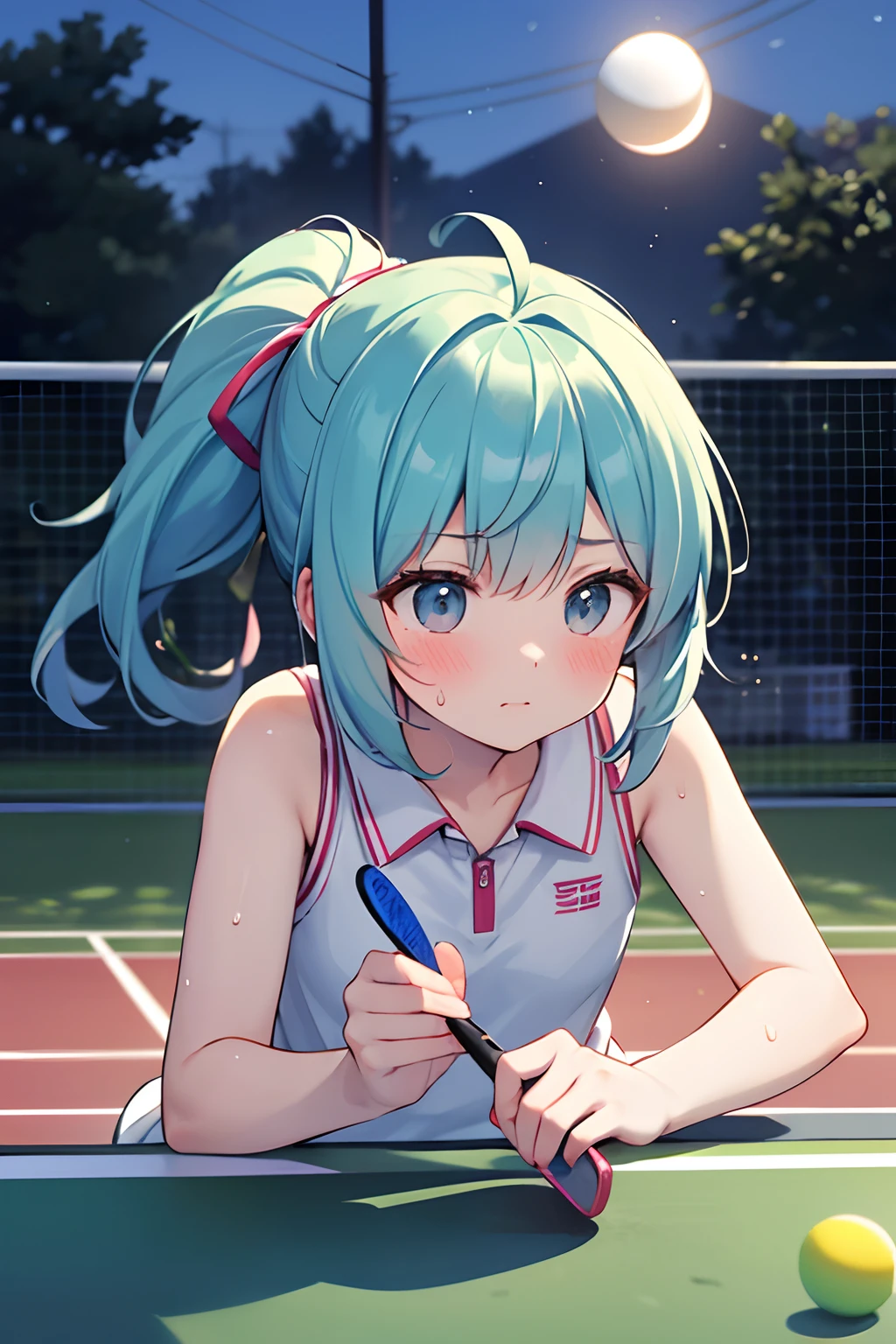 floating hair, light blush, during a match, ping-pong, sweat, half updo, indoors, crescent moon, folded ponytail, hit the ball back, Hold the racket and hit the ball back., tennis, outdoors, low twintails, anime, anime style, 4K, textured skin, super detail, best quality, award winning