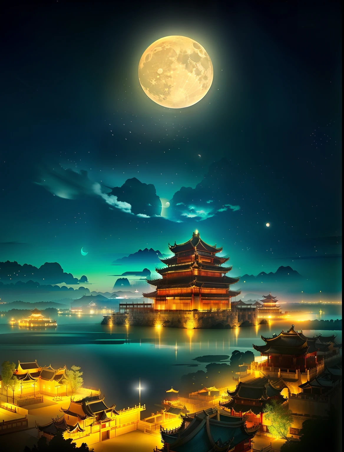 A big building，Situated on the top of the lake under a full moon, Beautiful rendering of the Tang Dynasty, cyberpunk chinese ancient castle, author：Juda, Chinese fantasy, dreamy Chinese towns, by Yang J, Chinese style, painted tower of the moon, float under moon light at night, amazing wallpapers, nighttime scene, dreamland of chinese, the glow of the moonlight