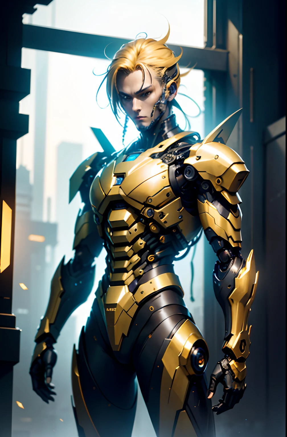 Dark_Fantasy、Golden hair color、cyberpunked、(Double Sword、Scorpion Cyborg Man、Das Veilchen:1.1)、1man、Mechanical technology、Robot Presence、Ninja-like fighting stance、Cybernetic Guardian、
