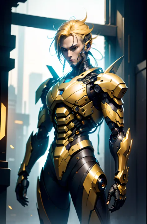 Dark_Fantasy、Golden hair color、cyberpunked、(Double Sword、Scorpion Cyborg Man、Das Veilchen:1.1)、1man、Mechanical technology、Robot ...