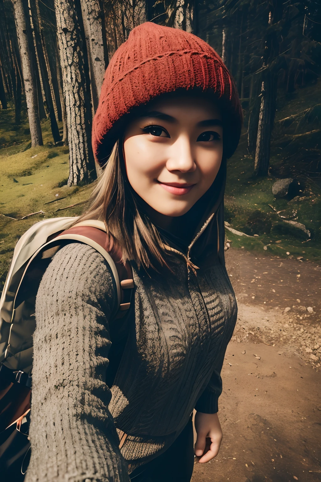 VeronicaCipher ((upper body selfie, happy)), masterpiece, best quality, ultra-detailed, solo, outdoors, (night), mountains, nature, (stars, moon) cheerful, happy, backpack, sleeping bag, camping stove, water bottle, mountain boots, gloves, sweater, hat, flashlight, forest, rocks, river, wood, smoke, shadows, contrast, clear sky, analog style (look at viewer:1.2) (skin texture) (film grain:1.3), (warm hue, warm tone) :1.2), close up, cinematic light, sidelighting, ultra high res, best shadow, RAW, upper body, , wearing pullover kodak vision 3,