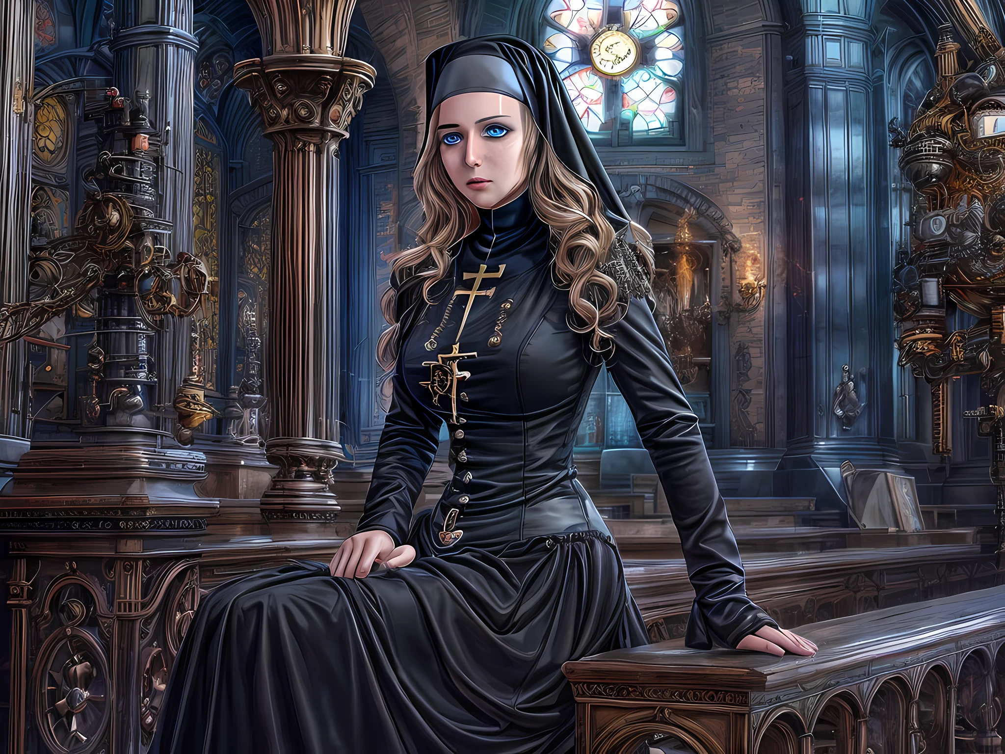 une photo d&#39;une religieuse dans une église steampunk, Porter l’habit de religieuse, collants noirs, cheveux dynamiques, cheveux ling, cheveux ondulés, yeux bleus, yeux attentifs, porter des bottes à talons hauts, Photoréaliste, 16k, BRUT, primé, (le mieux détaillé: 1.5), chef-d&#39;œuvre, Meilleure qualité, (ultra détaillé), tout le corps, plan ultra large,