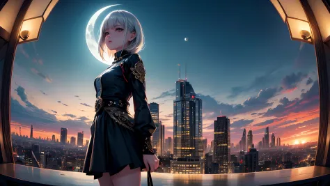 ((fisheye views)), a photo of 8k ultra realistic beautiful sad girl standing on top of building, silver hair, watching the city ...