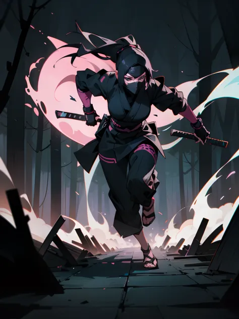 high-level image quality, ultra-detailliert, (Female ninja:1.3), Running through a forest with decaying huts, Pastel Vector Eyes, (Night:1.5), HyperSmoke, Dark background,