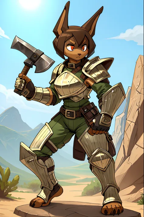 (masterpiece, best quality), outdoors, lush desert, water, full body, 1girl, solo, RoryCeehaz, RoryArmor, green, gloves, black gloves, shoulder armor, breastplate, expressionless, furry, muscular, fighting stance, holding axe, holding weapon