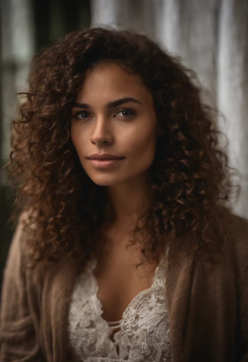 Woman with curly hair, Yeux verts, very pretty brown skin