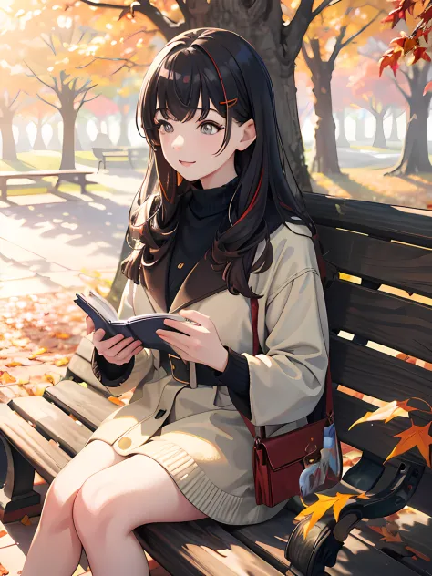 bright background, sitting on a bench, reading a book, surrounded by colorful autumn leaves, sunlight filtering through the tree...