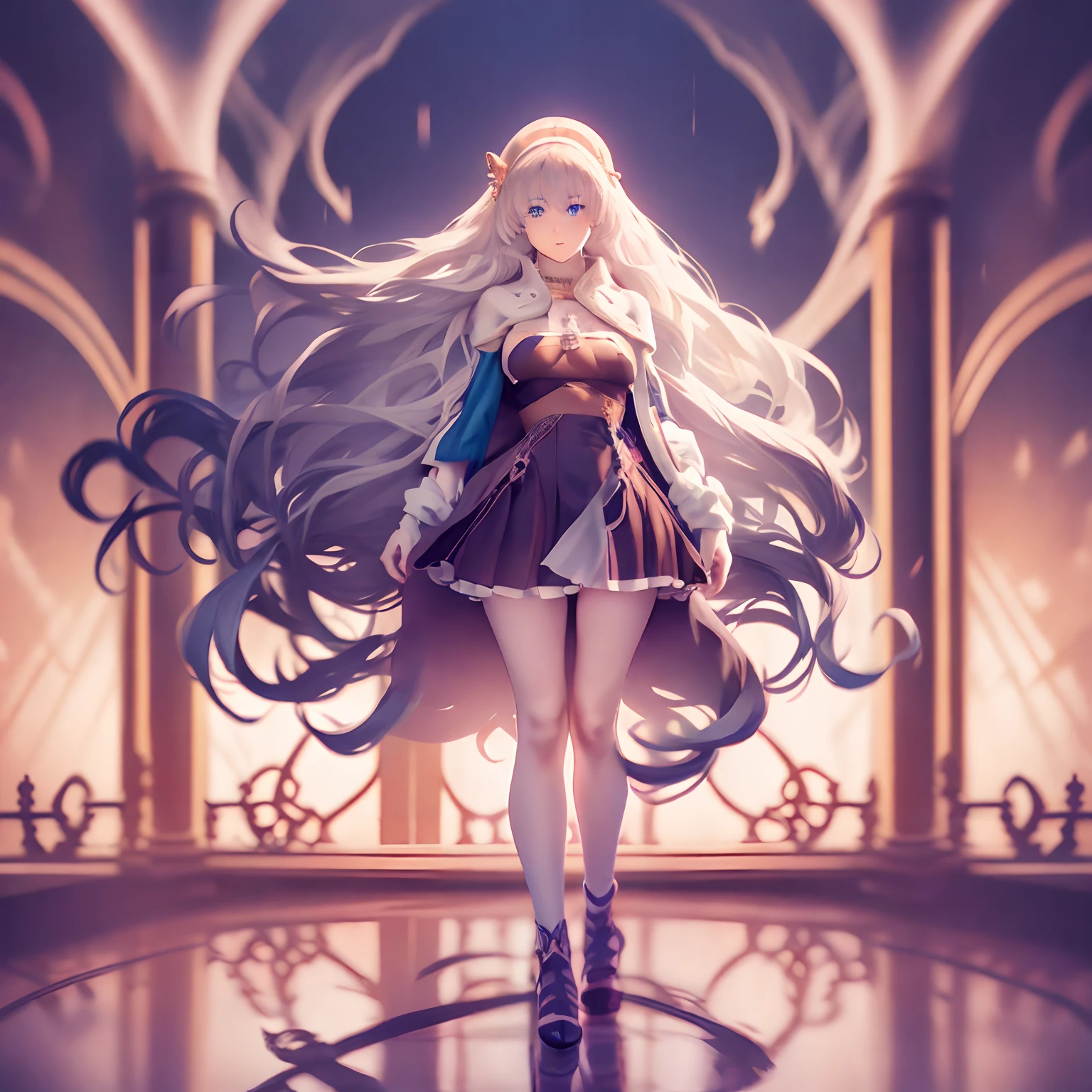 1 girl, solo one girl, inspired by the body and face of Anastasia from the anime FGO, and the hair of Kamisato Ayaka, blue eyes, long brown hair, medium breasts, standing, dynamic pose, short dress with, shoe with heels, tight stockings thigh, thick thighs, full body, perfect anatomy, beautiful, extreme beauty girl