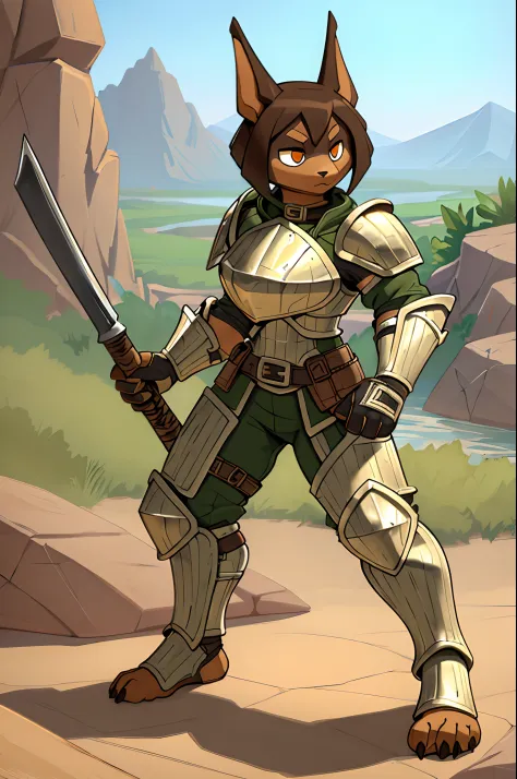 (masterpiece, best quality), outdoors, lush desert, water, full body, 1girl, solo, RoryCeehaz, RoryArmor, green, gloves, black gloves, shoulder armor, breastplate, expressionless, furry, muscular, fighting stance, holding axe, holding weapon