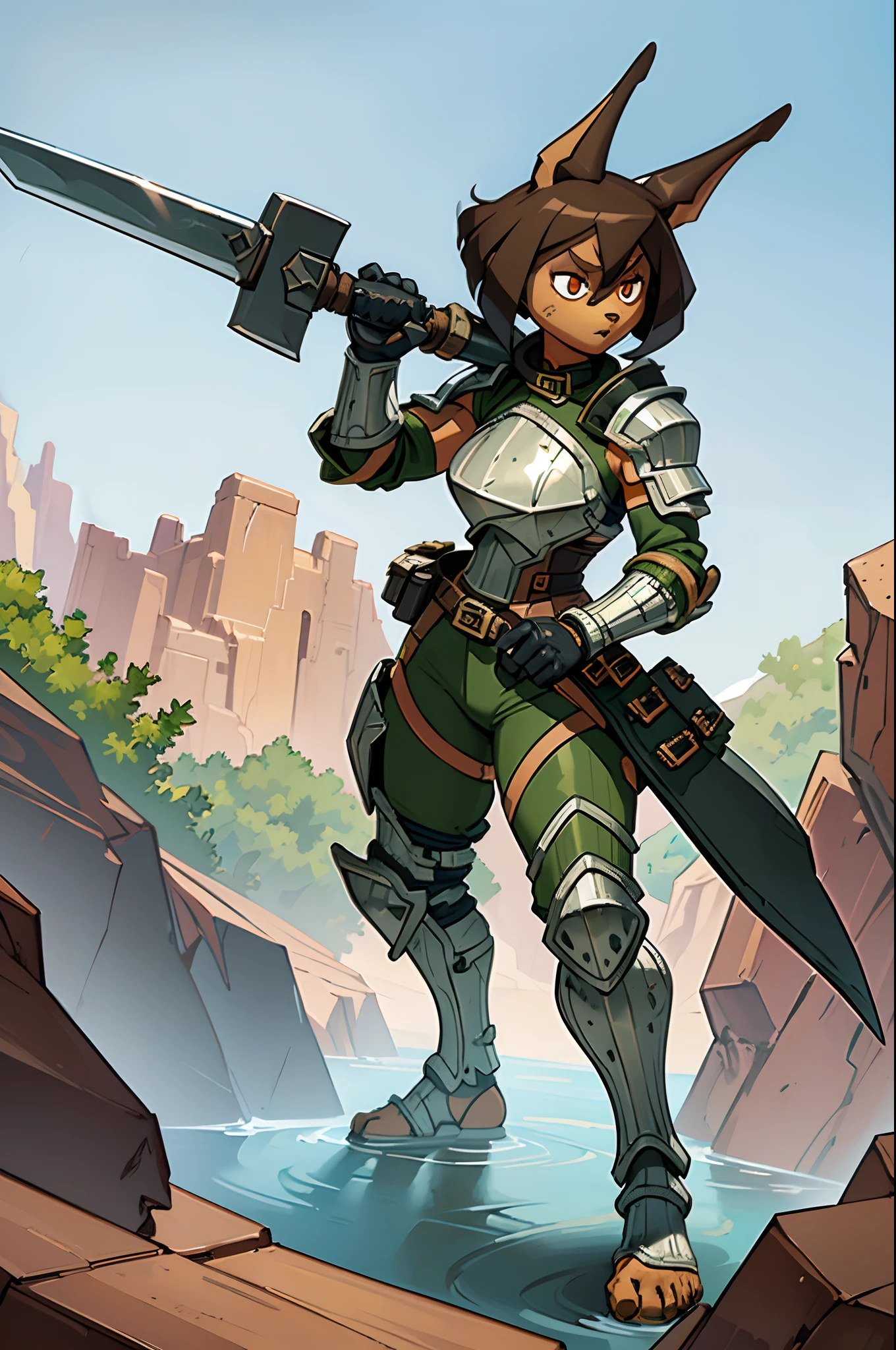 (masterpiece, best quality), outdoors, lush desert, water, full body, 1girl, solo, RoryCeehaz, RoryArmor, green, gloves, black gloves, shoulder armor, breastplate, expressionless, furry, muscular, fighting stance, holding axe, holding weapon