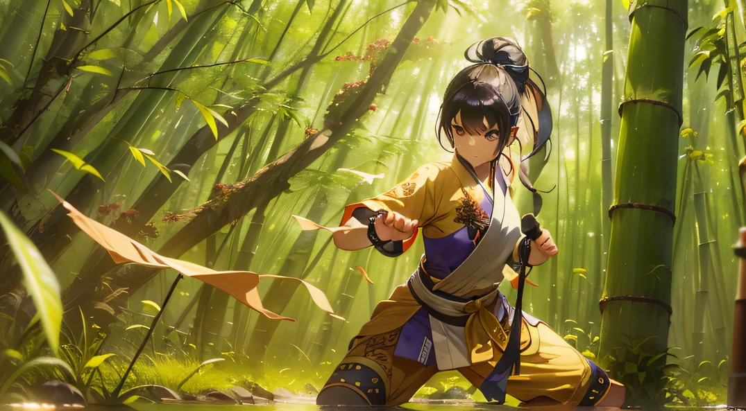 ((realisticlying: 1.5)), ((best qualityer)), ((tmasterpiece)), ((A detailed)), ((high high quality)), ((foco nítido)), Kung Fu artist, Show off her martial arts prowess in a bamboo-filled training camp. She does a dynamic fighting stance, Surrounded by swirling leaves and a sense of energy. The lighting is dramatic, Emphasize their determination. This scene captures the essence of the aftermath becoming a legendary warrior.