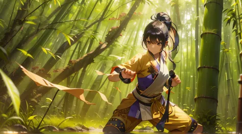 ((realisticlying: 1.5)), ((best qualityer)), ((tmasterpiece)), ((A detailed)), ((high high quality)), ((foco nítido)), Kung Fu artist, Show off her martial arts prowess in a bamboo-filled training camp. She does a dynamic fighting stance, Surrounded by swi...