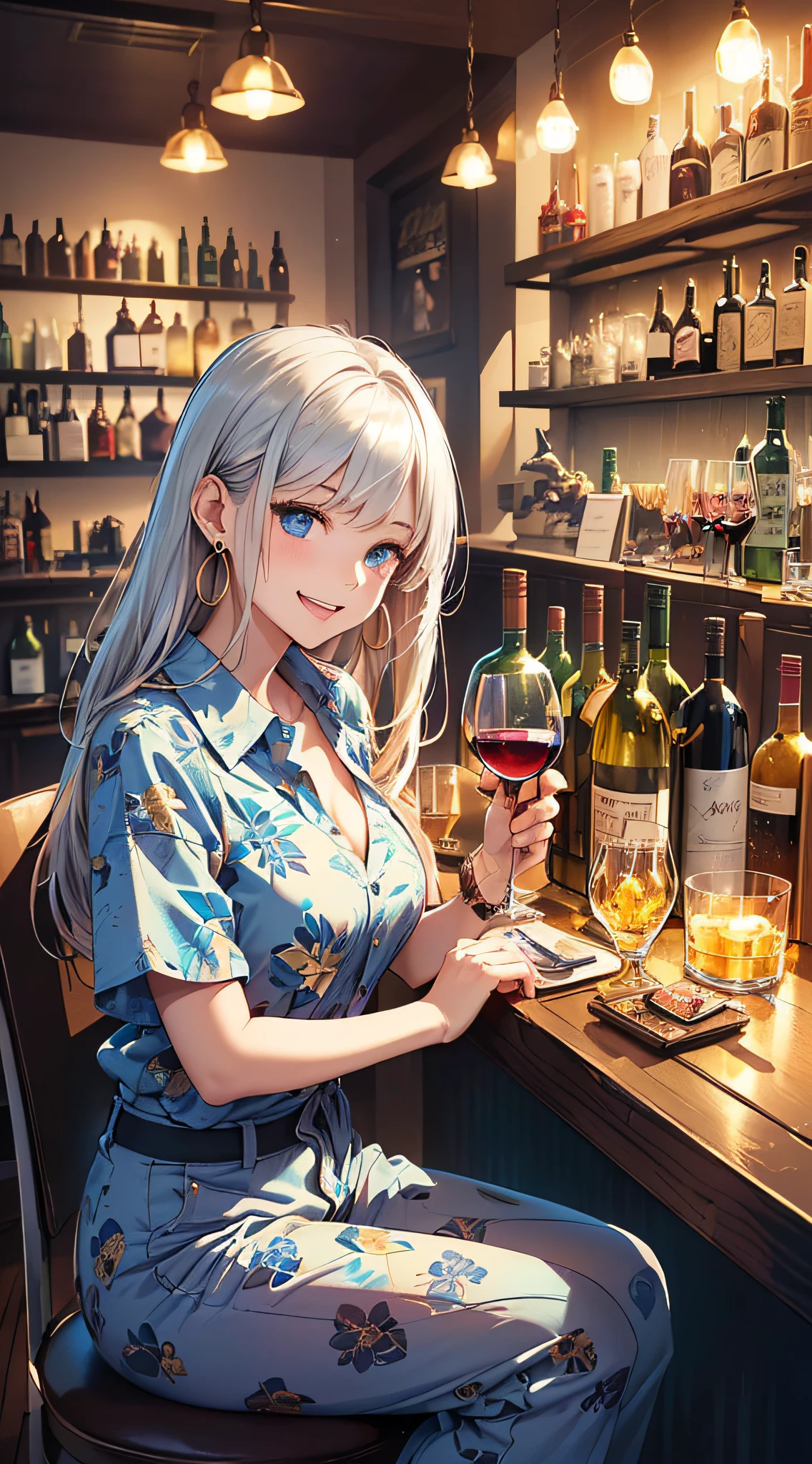 Anime girl sitting at a bar with a glass of wine - SeaArt AI