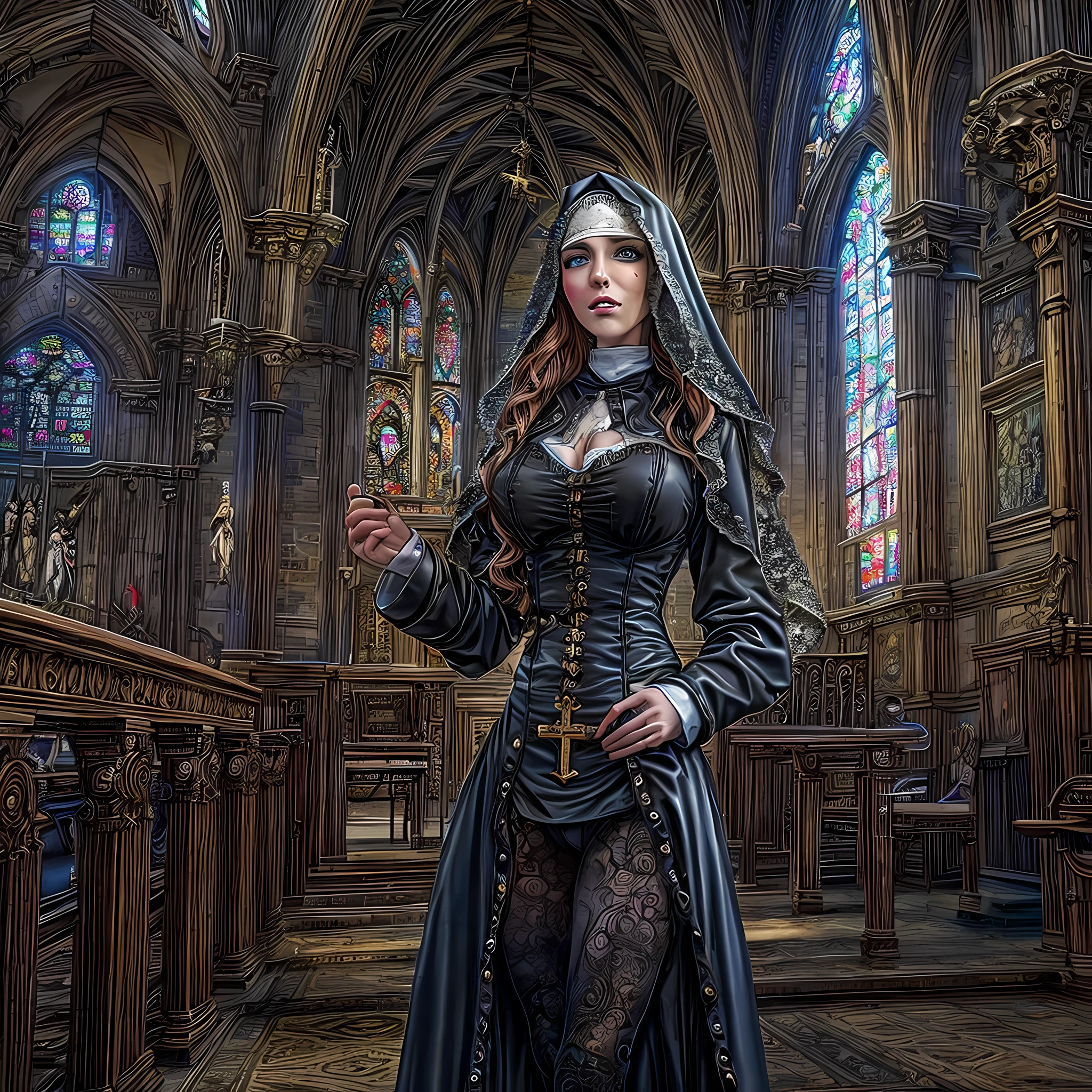 una foto de un steampunk (1)monja en una iglesia, Vestir el hábito de monja, usando pantimedias negras, (mejor detallado face:1.3), ultrafemenina: 1.3), Cabello dinámico, pelo largo, pelo ondulado, blue eyes, intent eyes, usando botas de tacón alto, Fotorrealista, 16k, CRUDO, premiado, (mejor detallado: 1.5), obra maestra, mejor calidad, (mejor detallado: 1.3), cuerpo completo, tiro ultra ancho,