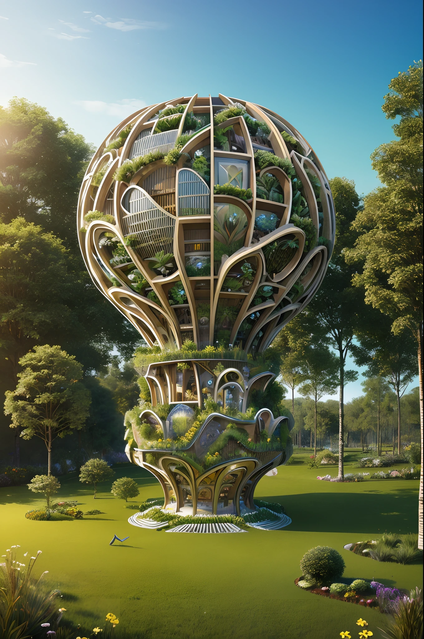 Il y a une image d'une fleur faite de bois et d'herbe, composition de Vincent Callebaut, vincent callebaut, illustration 3D complexe, cool 3d visualisation, superbe art numérique avec des détails, art numérique élaboré, oeuvre d&#39;art symétrique complexe, complexe et détaillé, plantes extraterrestres complexes, et Mcpharlin : : orné, illustration rendue, composition complexe et épique