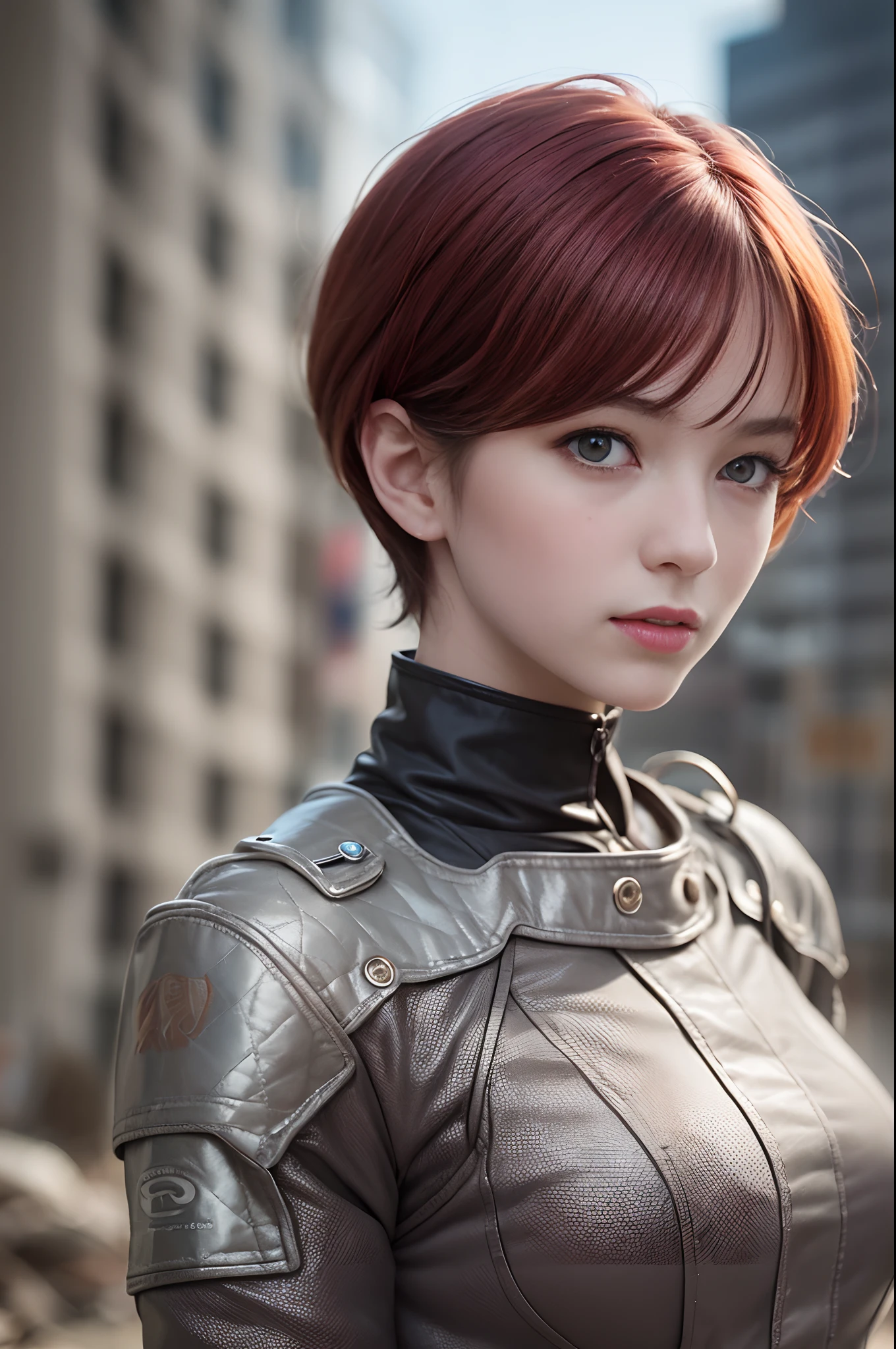 a close up portrait photo of 30 y.o woman in wastelander clothes,redhair,short haircut,pale skin,slim body,background is city ruins,(high detailed skin:1.2),8k uhd,dslr,soft lighting,high quality, --auto --s2