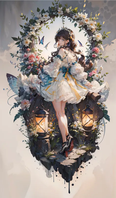 (Extremely delicate beauty: 1.2), 1girl, standing, full body, smile, bangs, blue eyes, backlight, long hair, butterfly, brown hair, shut up, look from the side, lantern, light particles, long sleeves, look at the audience, red bow, solo