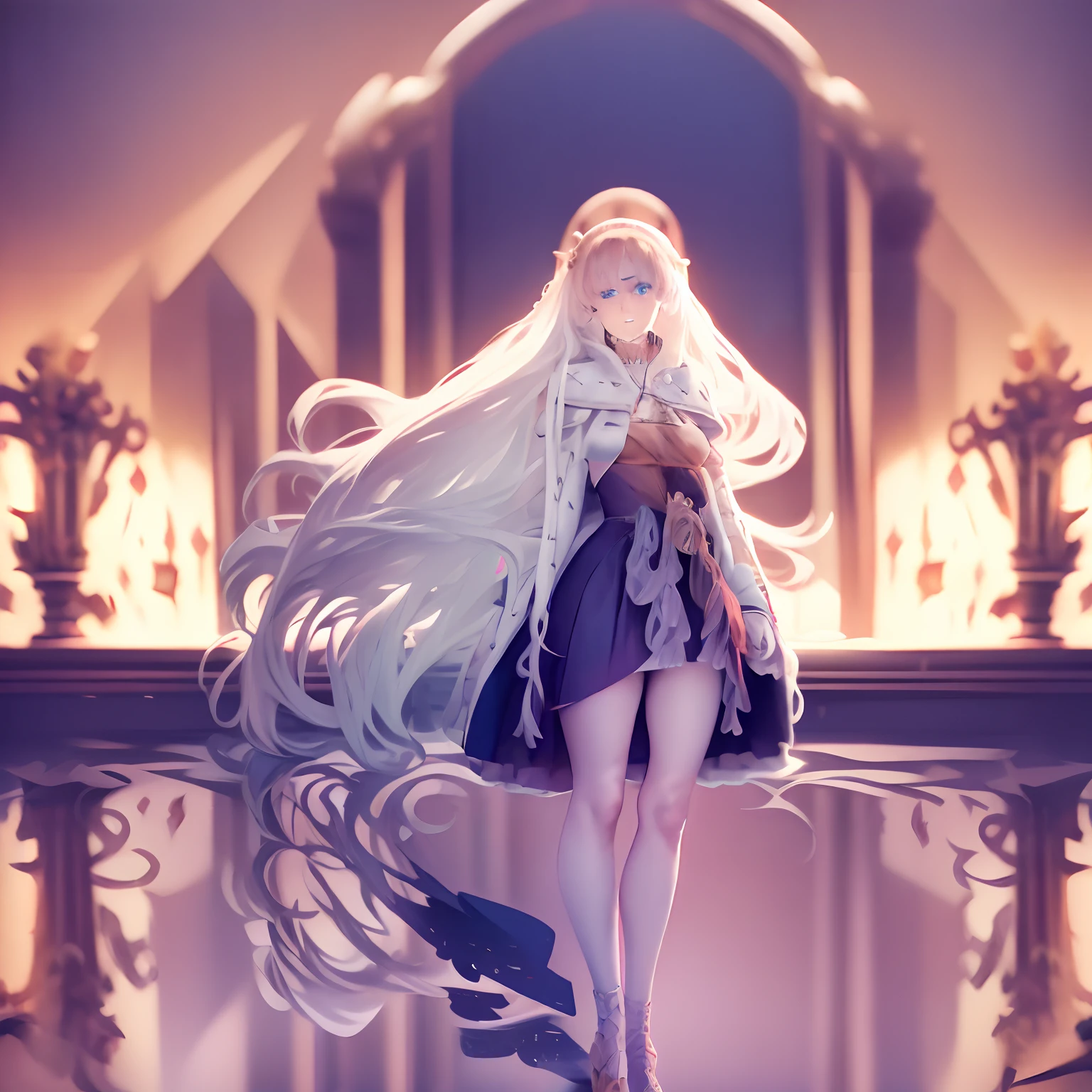 1 girl, solo one girl, inspired by the body and face of Anastasia from the anime FGO, and the hair of Kamisato Ayaka, blue eyes, long brown hair, medium breasts, standing, dynamic pose, short dress with, shoe with heels, tight stockings thigh, thick thighs, full body, perfect anatomy, beautiful, extreme beauty girl