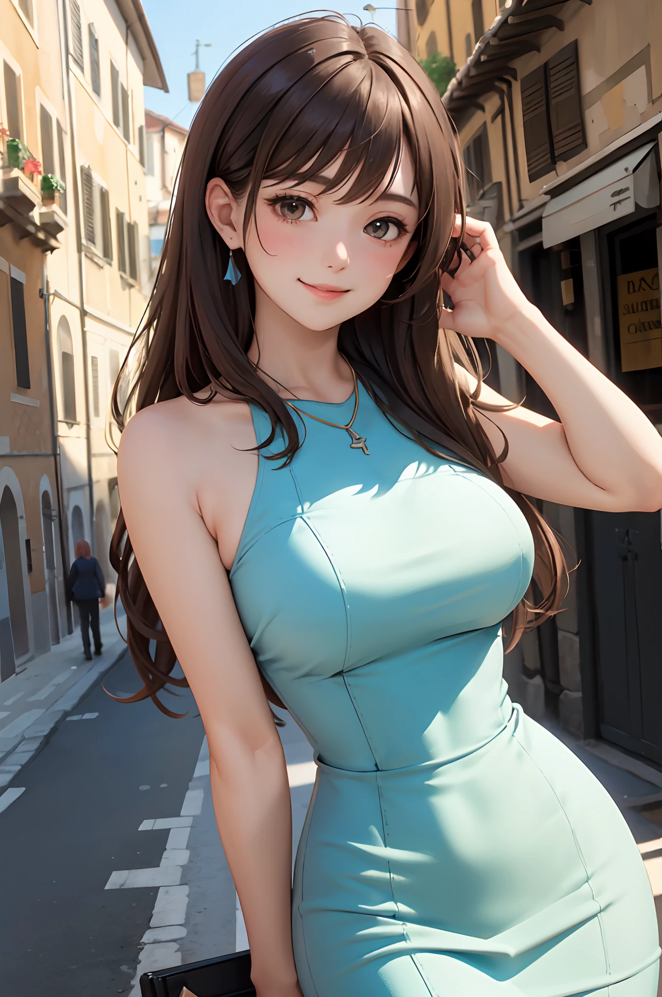 1lady solo, mature female, /(pencil dress/) /(colorful dress/) necklace, /(brown hair/) bangs, blush kind smile, (masterpiece best quality:1.2) delicate illustration ultra-detailed, large breast, arms down BREAK /(streets of Italy/), detailed background