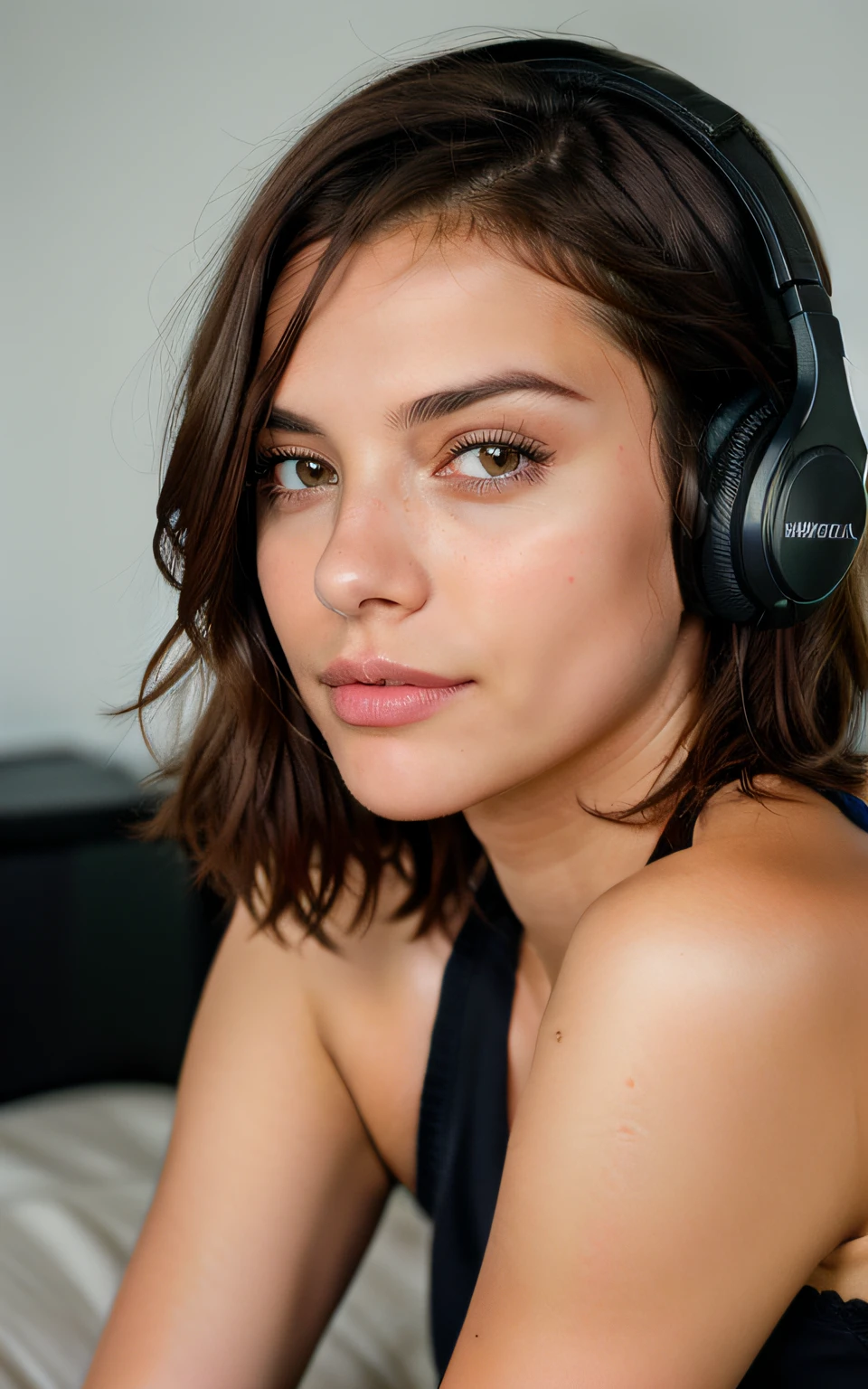 cute beautiful brunette, gamer chick wearing headphones, in bedroom, very detailed, 22 years old, flirty face, short hair, brown eyes, high-res, masterpiece, best quality, intricate details, highly detailed, sharp focus, detailed skin, realistic skin texture,detailed eyes, professional, 4k, smile, shot on Canon, 85mm,shallow depth of field, kodak vision color, eyeshadow, extremely detailed, photo_\(ultra\), photorealistic, realistic, post-processing, max detail, roughness, real life, ultra realistic, photorealism, photography, 8k uhd, photography,