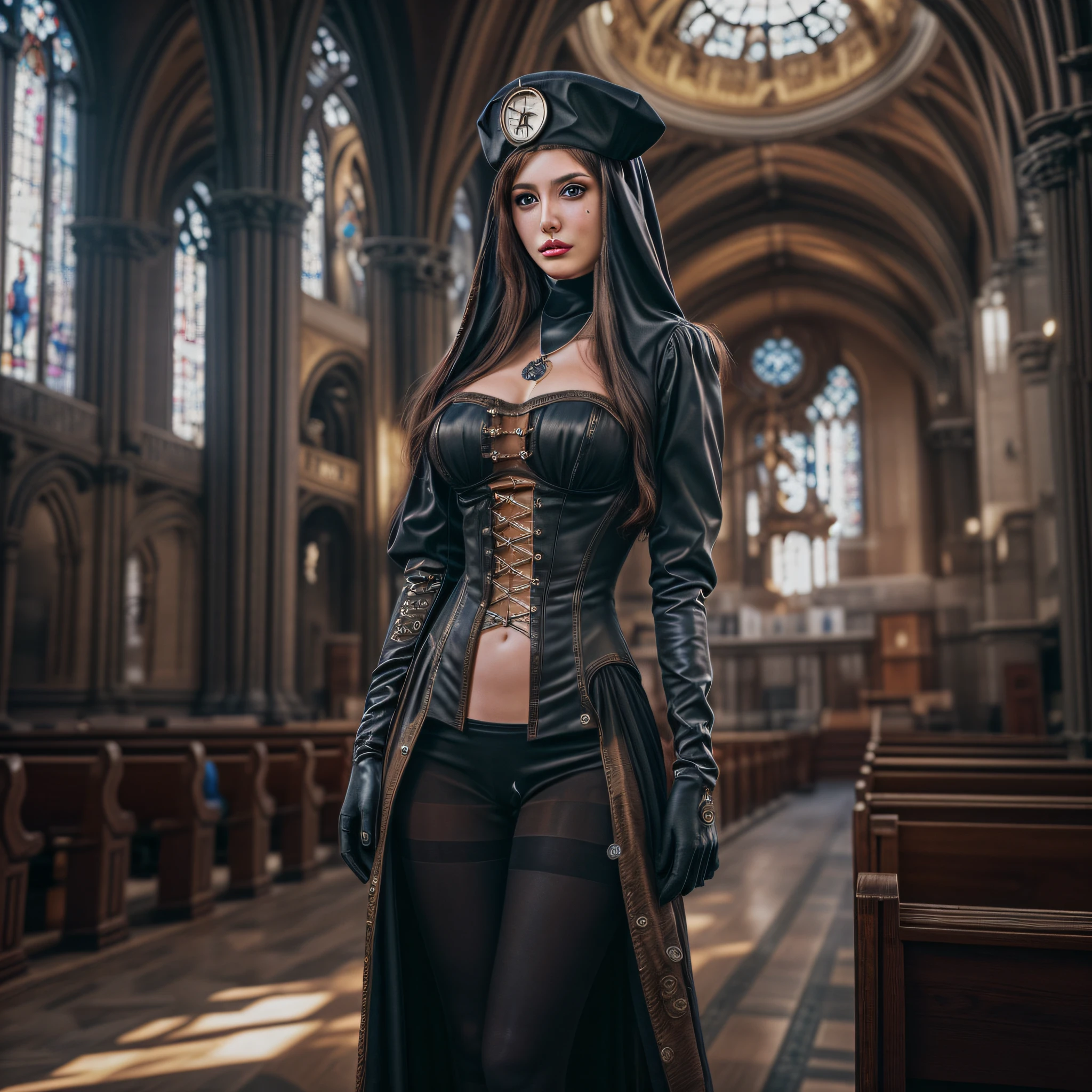 a model shot picture of a steampunk (1)nun in a church, an (exquisite beautiful woman: 1.4) nun, wearing nun habit, wearing black pantyhose, (best detailed face:1.3), (ultra feminine: 1.3), dynamic hair, long hair, wavy hair, blue eyes, intent eyes, wearing high heeled boots, photorealistic, 16k, RAW, award winning, (best detailed: 1.5), masterpiece, best quality, (best detailed: 1.3), full body, ultra wide shot,