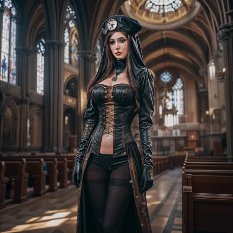 a model shot picture of a steampunk (1)nun in a church, an (exquisite beautiful woman: 1.4) nun, wearing nun habit, wearing blac...