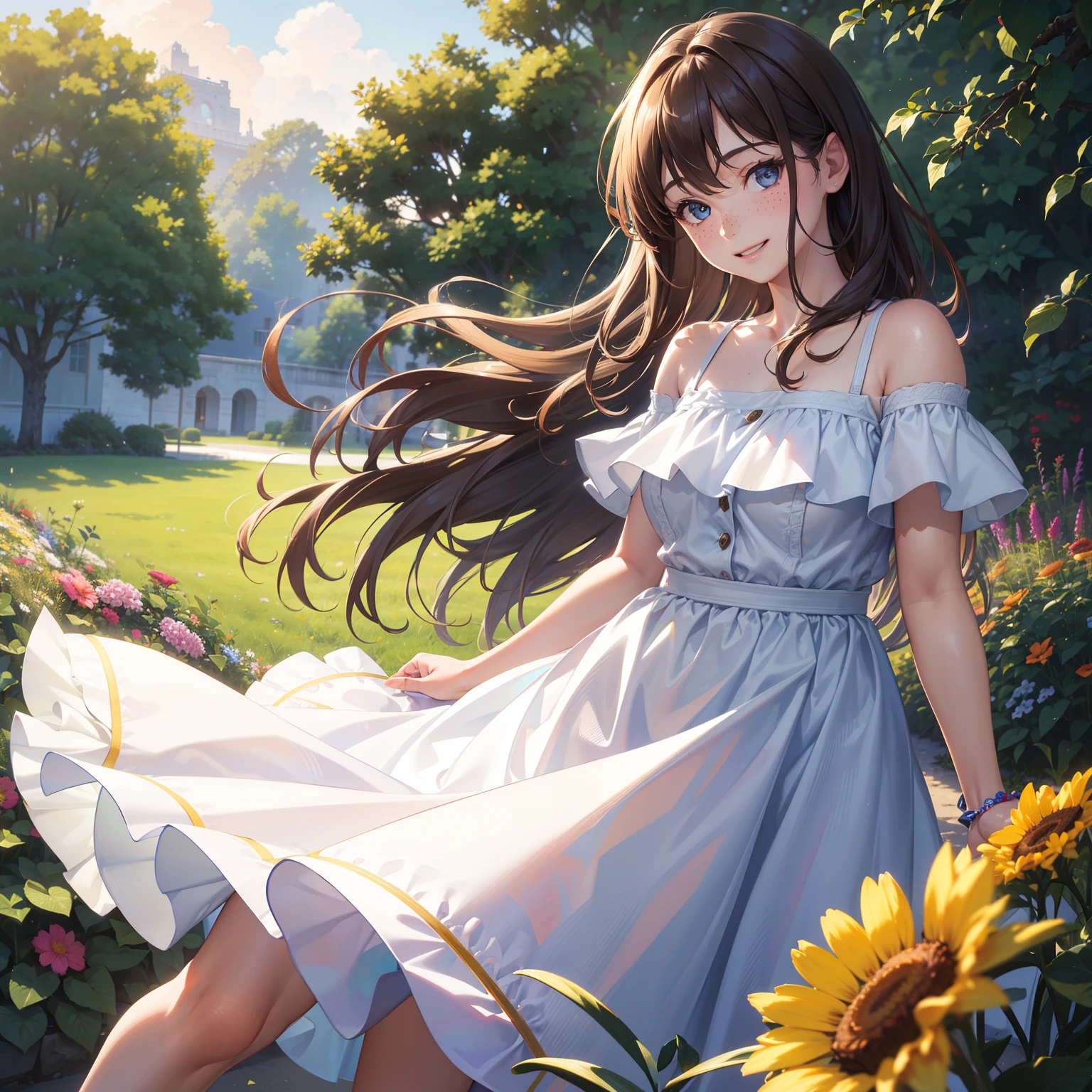 (best quality,4k,8k,highres,masterpiece:1.2),ultra-detailed,(realistic,photorealistic,photo-realistic:1.37),portraits,brown-haired girl,cute smile,summer,beautiful detailed eyes,
freckles,sunlit garden,playful,
colorful flowers,butterflies dancing around her,long fluttering eyelashes,happy expression,sunshine filtering through the leaves,soft breeze blowing her hair,a vibrant dress,filled with joy and happiness