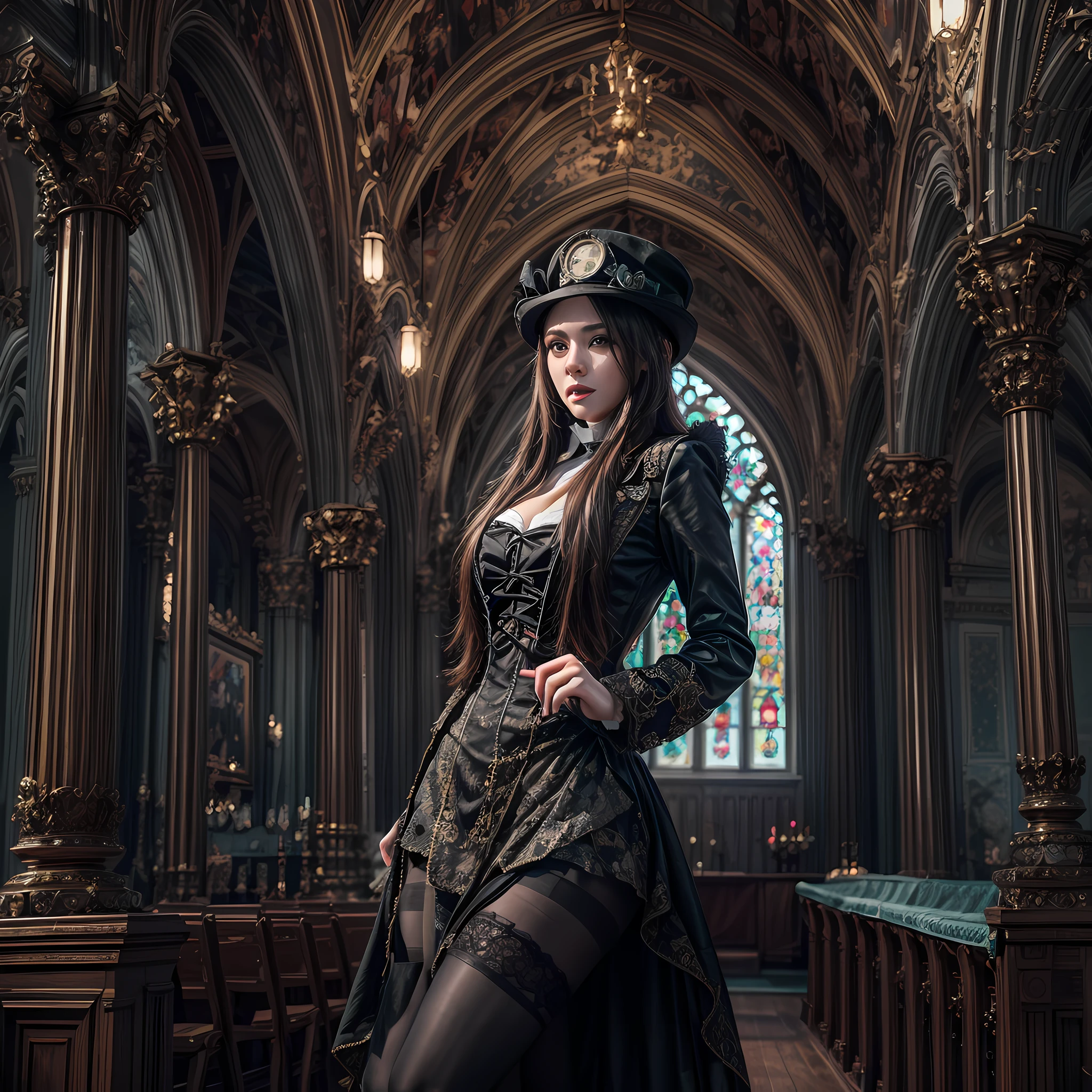 une photo de modèle prise d&#39;un steampunk (1)religieuse in a church, un (exquisite beautiful womun: 1.4) religieuse, wearing religieuse habit, wearing black puntyhose, (le mieux détaillé face:1.3), (ultra féminin: 1.3), cheveux dynamiques, cheveux longs, cheveux ondulés, yeux bleus, yeux attentifs, porter des bottes à talons hauts, Photoréaliste, 16k, BRUT, primé, (le mieux détaillé: 1.5), chef-d&#39;œuvre, Meilleure qualité, (le mieux détaillé: 1.3), tout le corps, plan ultra large, Rendu 3D