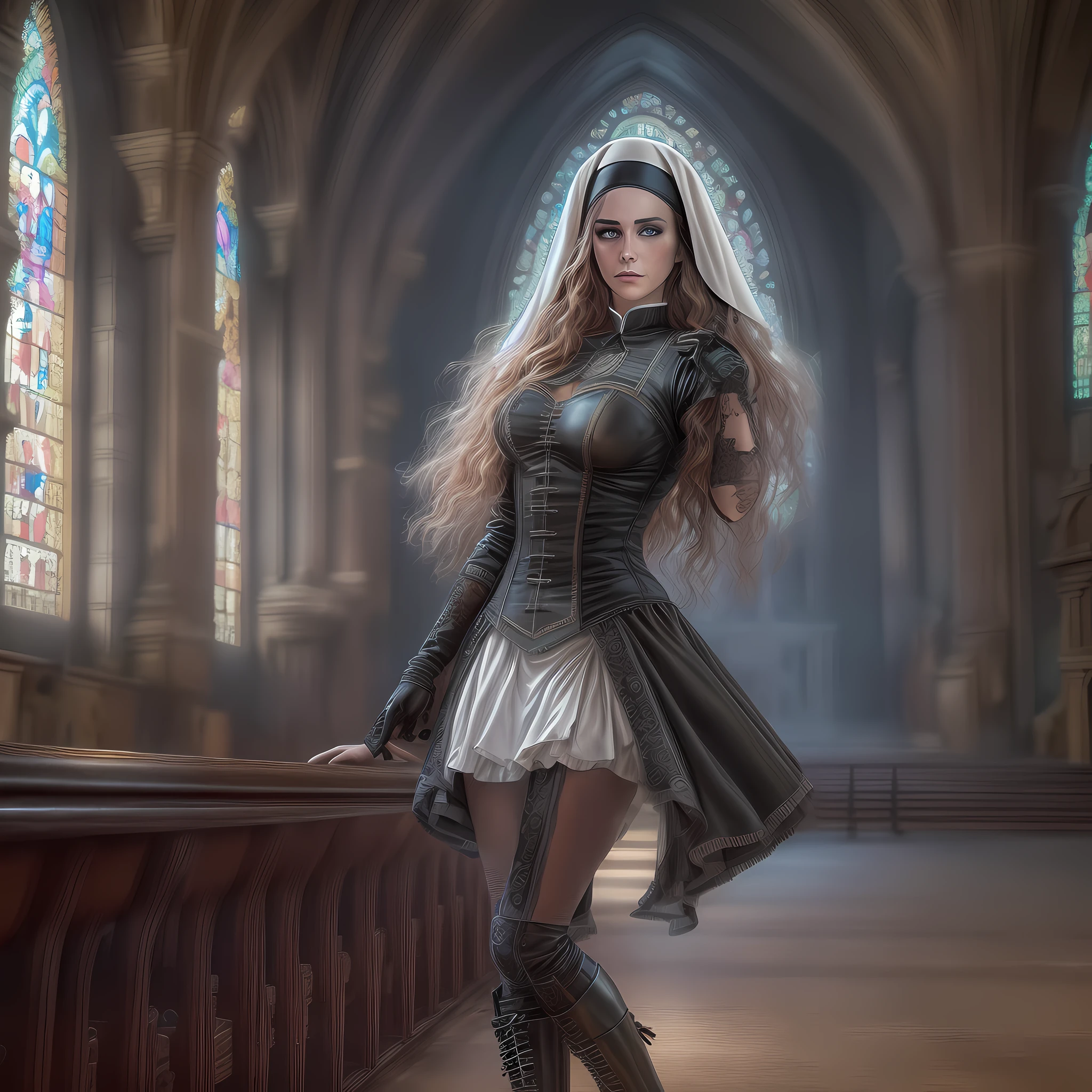 a picture of a steampunk (1)nun in a church, wearing nun habit, wearing black pantyhose, (best detailed face:1.3), ultra feminine: 1.3), dynamic hair, long hair, wavy hair, blue eyes, intent eyes, wearing high heeled boots, photorealistic, 16k, RAW, award winning, (best detailed: 1.5), masterpiece, best quality, (best detailed: 1.3), full body, ultra wide shot,