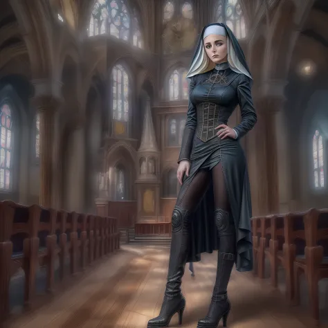 a picture of a steampunk (1)nun in a church, wearing nun habit, wearing black pantyhose, (best detailed face:1.3), ultra feminin...