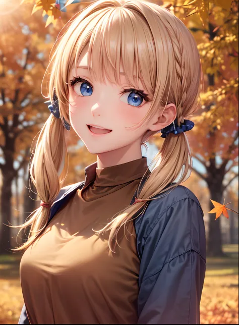 absurderes, ultra-detailliert,bright colour, extremely beautiful detailed anime face and eyes, 25 years old,(Blue sky in autumn:1.4)、In a row of ginkgo trees ,It is dotted with maples,asymmetrical bangs,(Blonde hair with short twin tails), Shiny hair, Deli...