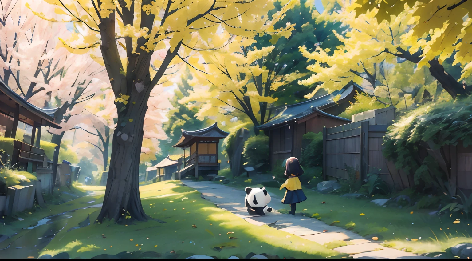 Yellow ginkgo tree，There is a cartoon , A panda， and panda walk under yellow ginkgo trees, There are a lot of ginkgo leaves on the ground，Overlooking, landscape,Morning, Soft light, Ray tracing, ghibli artstyle, hand painted style