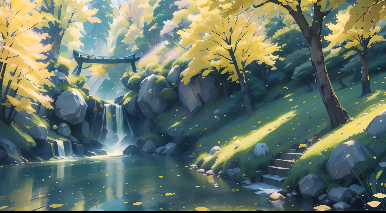 Yellow ginkgo tree，There is a cartoon , A panda， and panda walk under yellow ginkgo trees, There are a lot of ginkgo leaves on the ground，Overlooking, landscape,Morning, Soft light, Ray tracing, ghibli artstyle, hand painted style