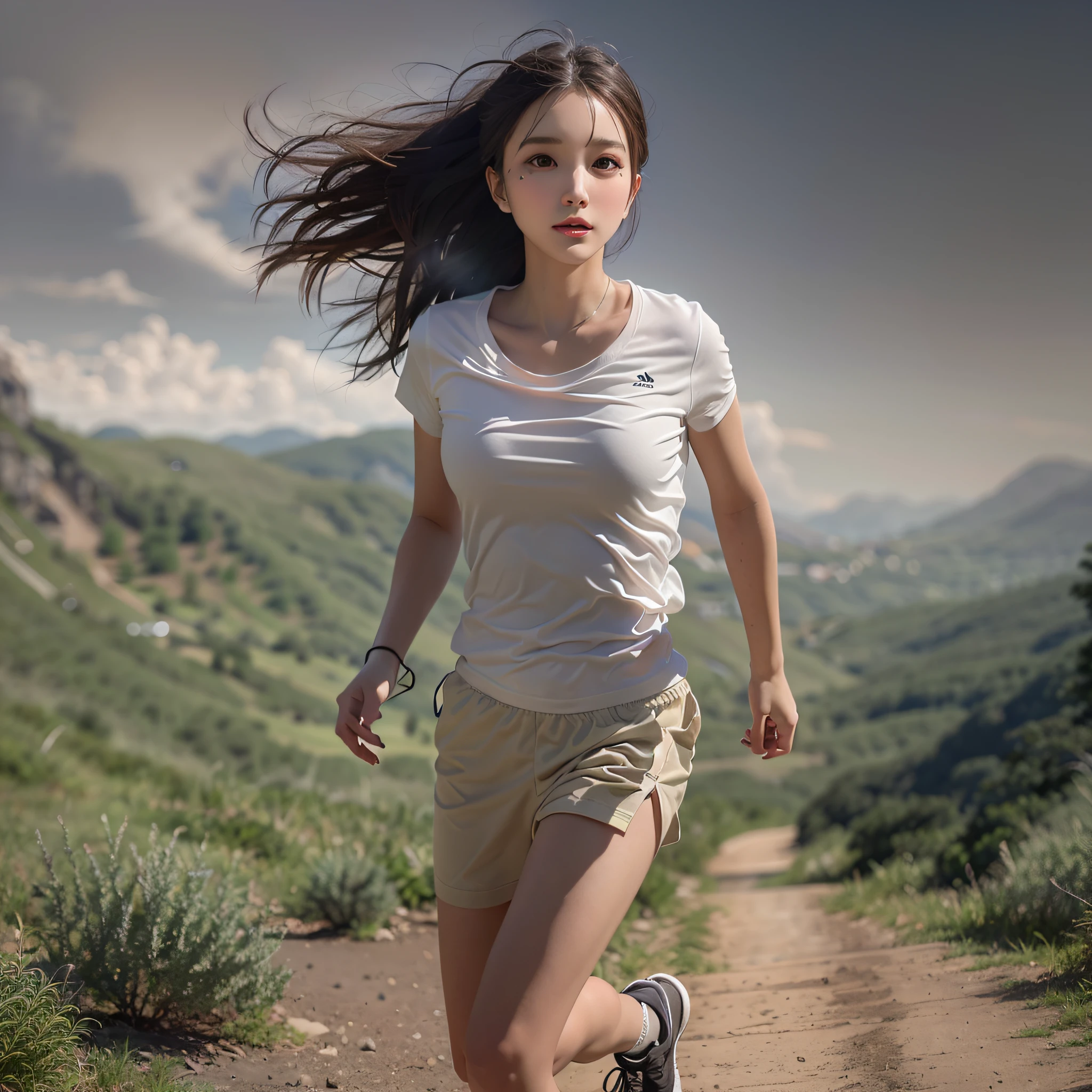 1 Girl: 1.3, Solo, 8K, Mountain Landscape, Woman Running On A Dirt Path, In Nature, Shot from a Short Distance, Watching the Viewer, (Masterpiece), (Best Quality), High Resolution, (Photorealistic: 1.2), (50mm Sigma f/1.4 Zeiss Lens, f1.4, 1/800s, ISO 100, Photo: 1.1), Ultra Detailed, Physically Based Rendering, Pretty woman of 20 years old, (very detailed face: 1.5), small face, looking ahead, fine hands, contents, middle breast, middle waist, smile:1.5, black hair, (fine lips, lip gloss: 1.3), so much sweat, shiny skin, (white, long t-shirt: 1.5): 0.2, black running shorts, focus on face
